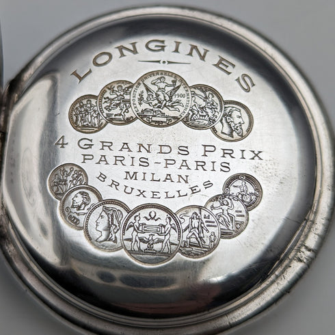 Circa 1908 Antique Longines Pocket Watch, Engraved Silver Side Hunter Case, Good Working Condition, Chain Included